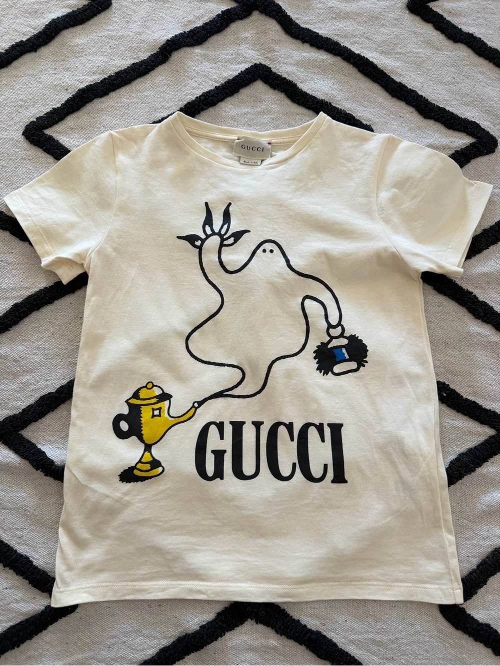 Gucci Cream Tee with Black Logo and Yellow Accent